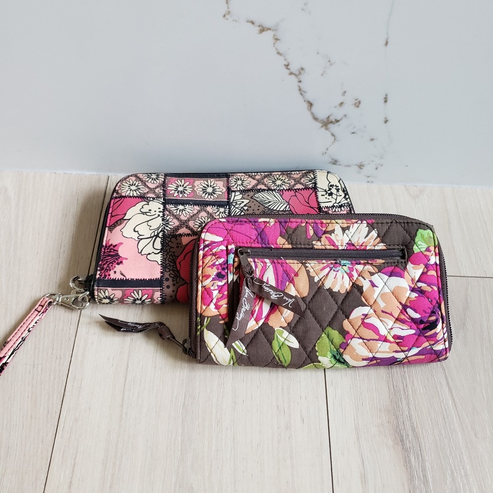 Vera Bradley Wallet Bundle 2 Womens Pink Floral Quilted Patchwork Wristlet Lot